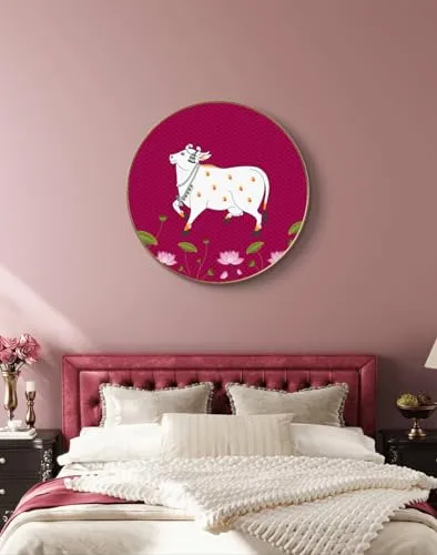 Livin'luxe paintings Beautiful Cow Pichwai Crystal Embedded High Gloss Mirror Finished Surface Golden Slim Frame 58 cm x 58 cm Large Size, For Home/Office/Hotel painting GR-01