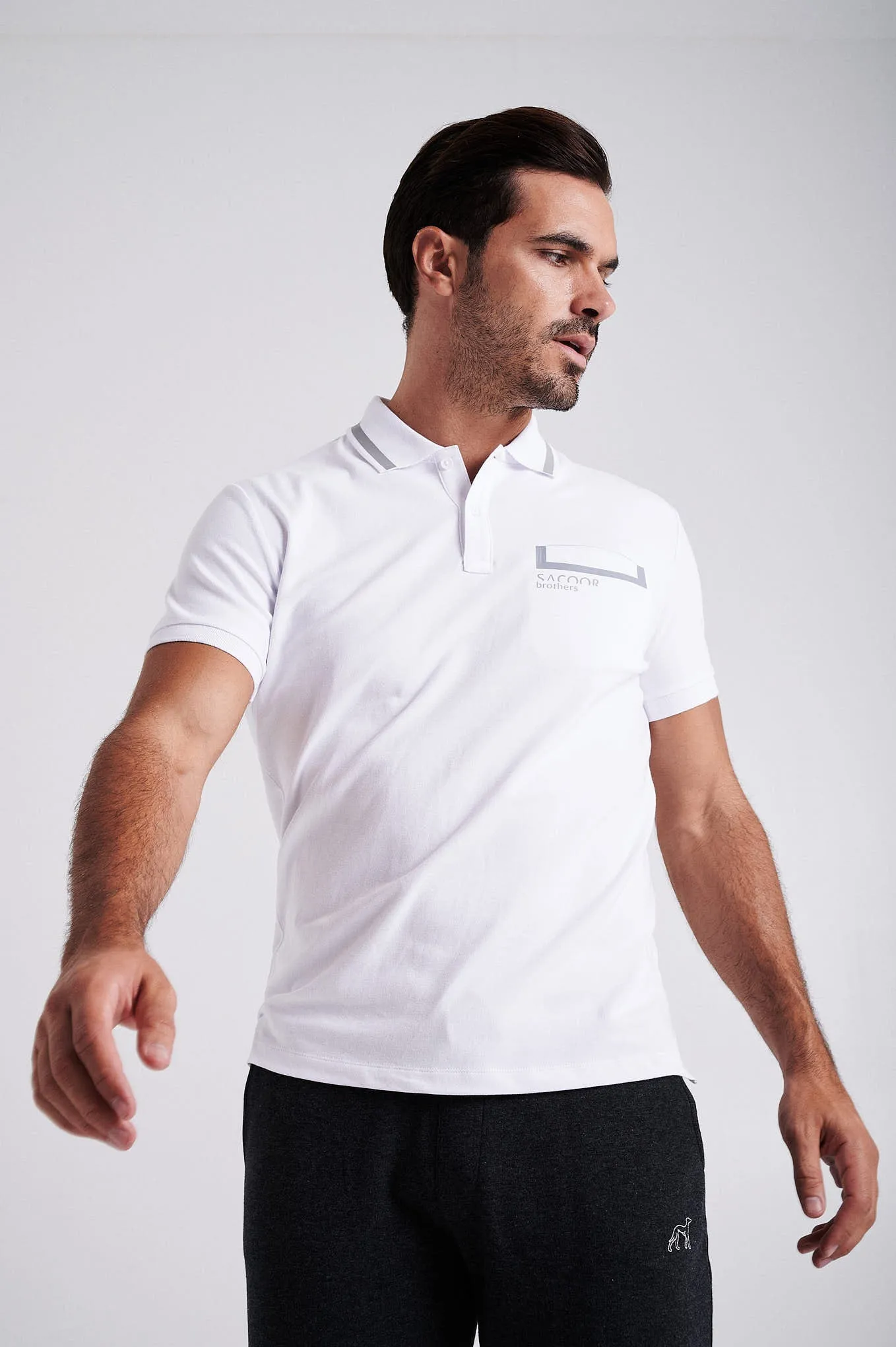 Men's cotton piquet polo with adhesive tape on chest pocket