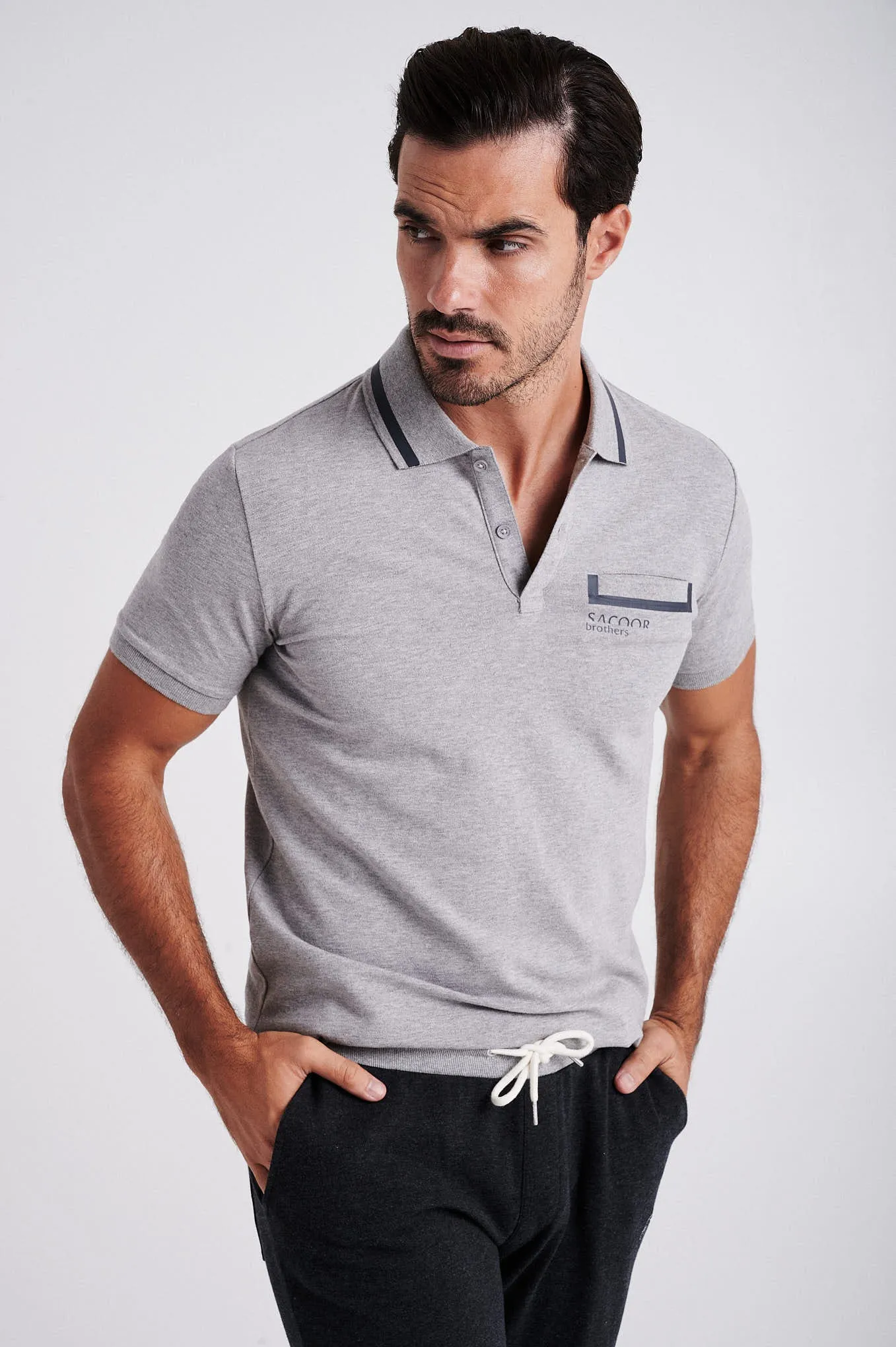 Men's cotton piquet polo with adhesive tape on chest pocket