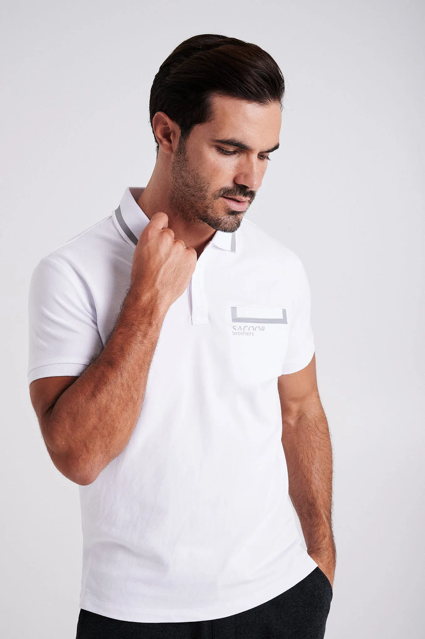 Men's cotton piquet polo with adhesive tape on chest pocket