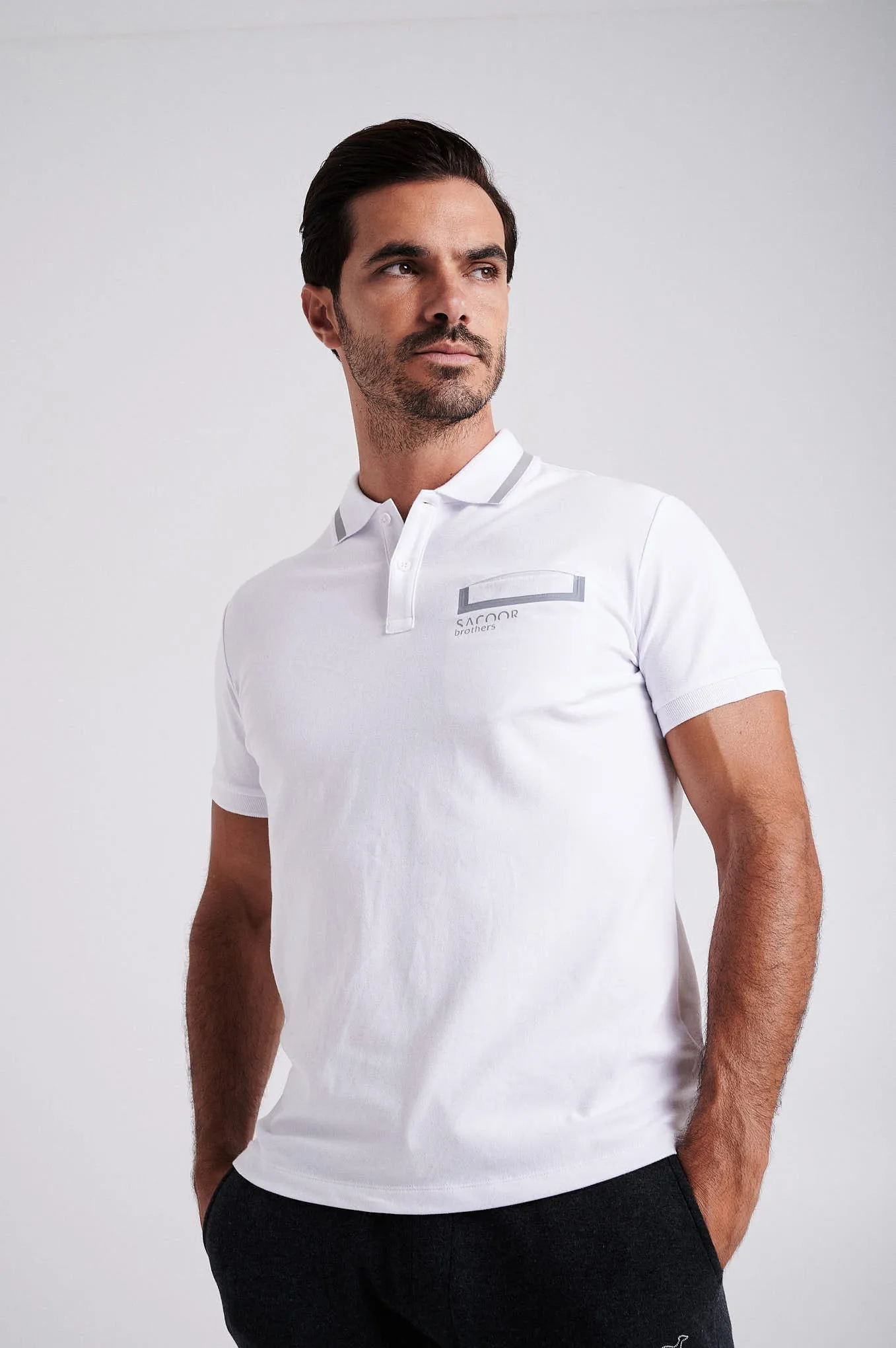 Men's cotton piquet polo with adhesive tape on chest pocket