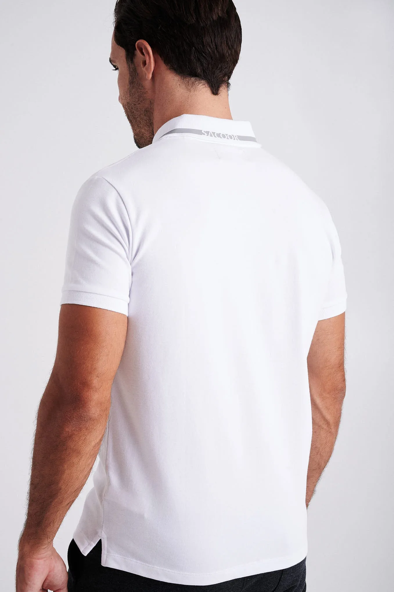 Men's cotton piquet polo with adhesive tape on chest pocket