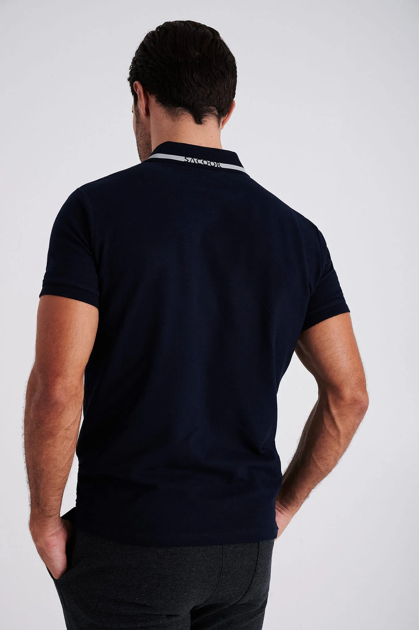 Men's cotton piquet polo with adhesive tape on chest pocket