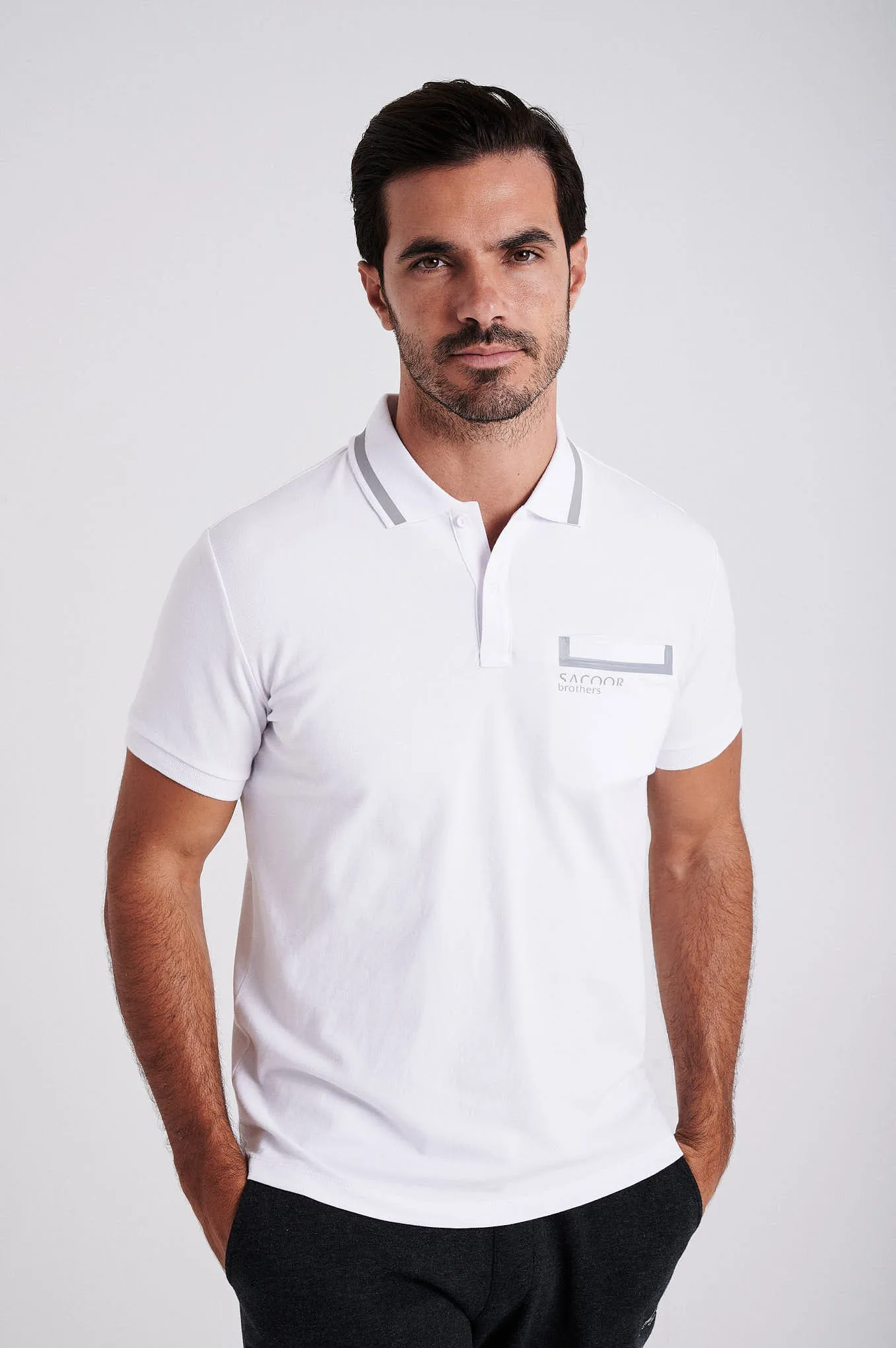 Men's cotton piquet polo with adhesive tape on chest pocket
