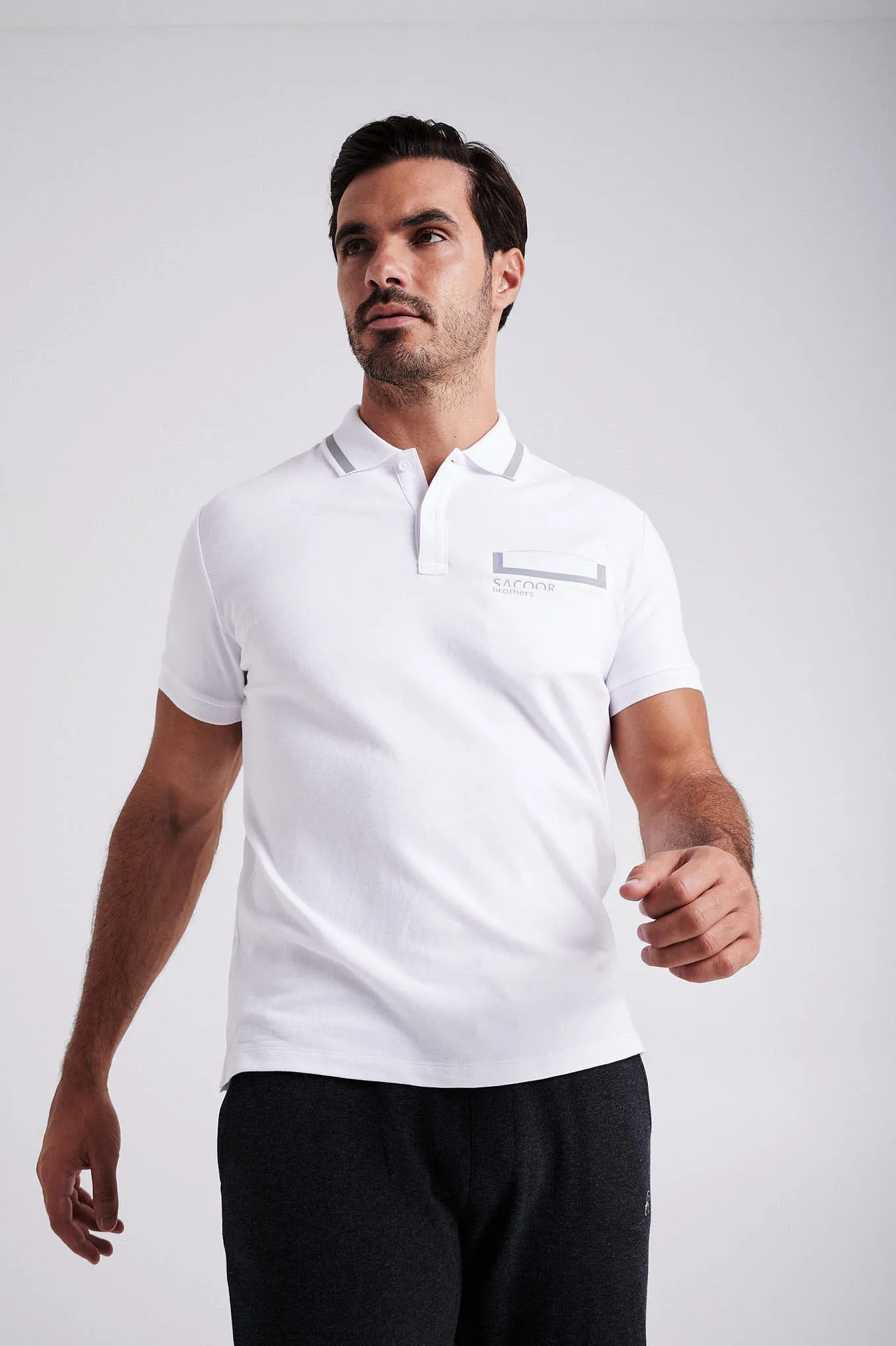 Men's cotton piquet polo with adhesive tape on chest pocket