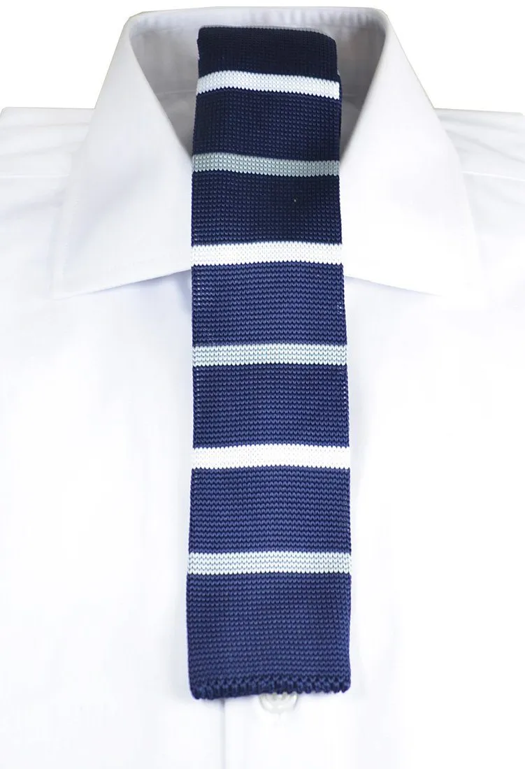 Navy and White Striped Knit Tie by Paul Malone
