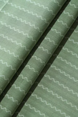 Olive And White Chevron Pattern On Handwoven Organic Cotton Fabric