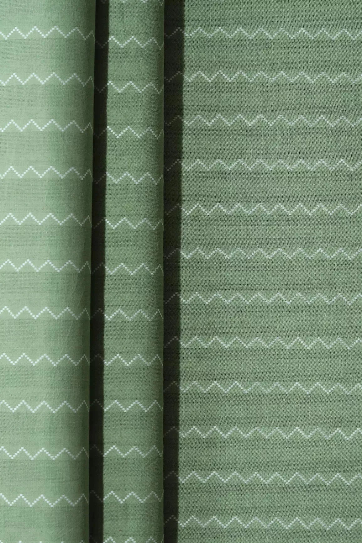 Olive And White Chevron Pattern On Handwoven Organic Cotton Fabric