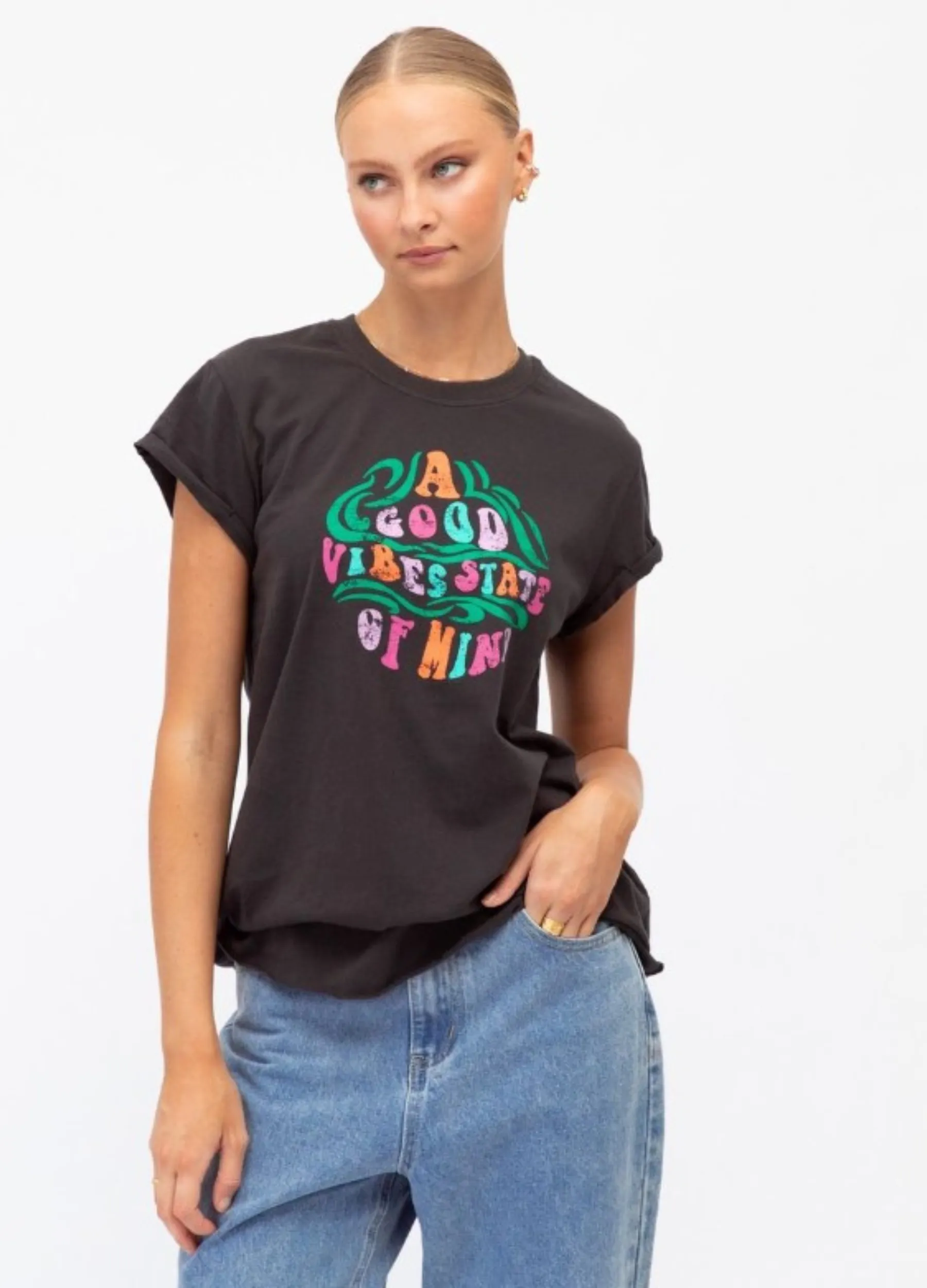 Paper Heart - Cap Sleeve Good Vibes Tee - Washed Black