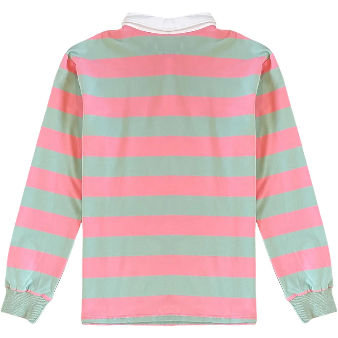 Pastel Pink and Mint Green White Striped Mens Long Sleeve Rugby Shirt