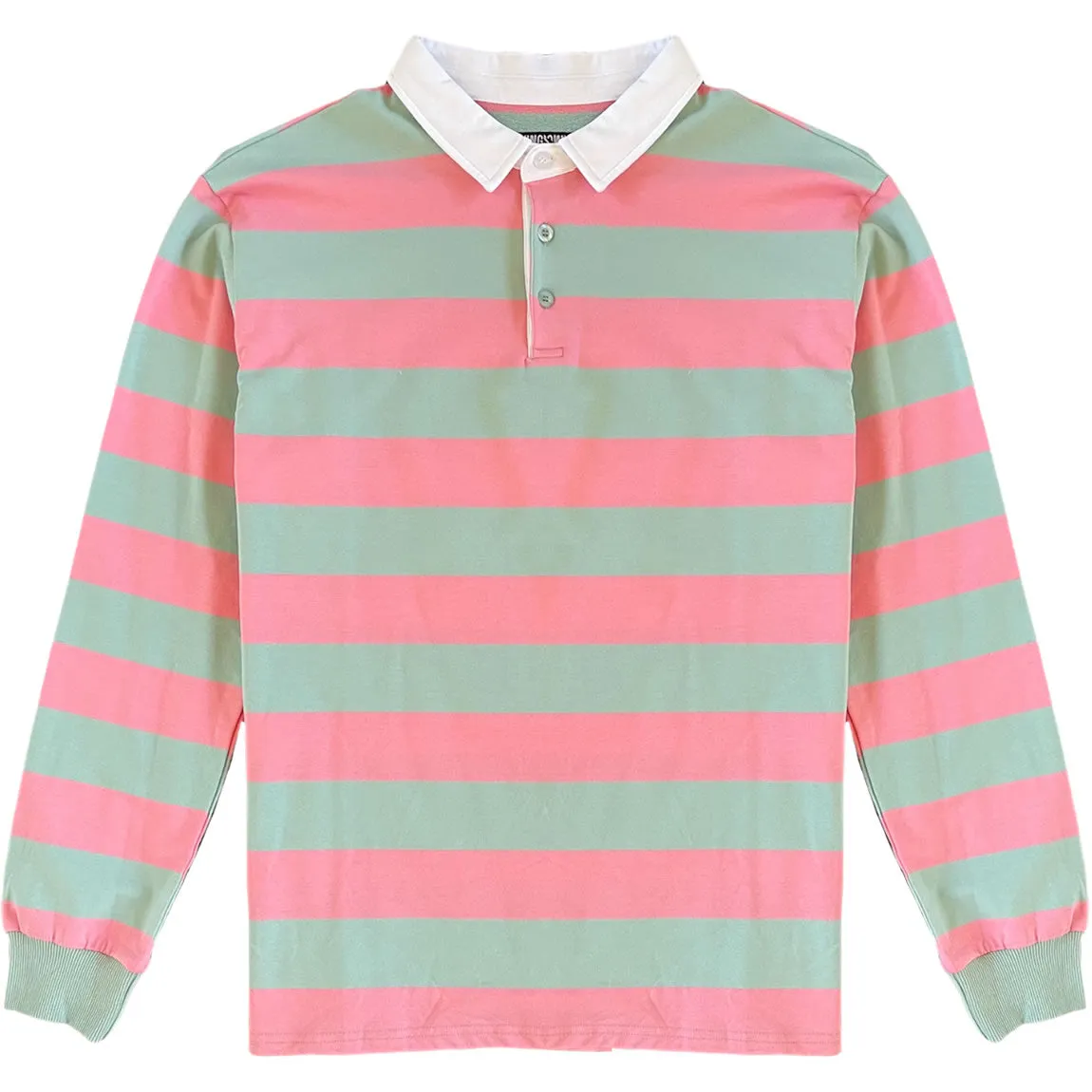 Pastel Pink and Mint Green White Striped Mens Long Sleeve Rugby Shirt