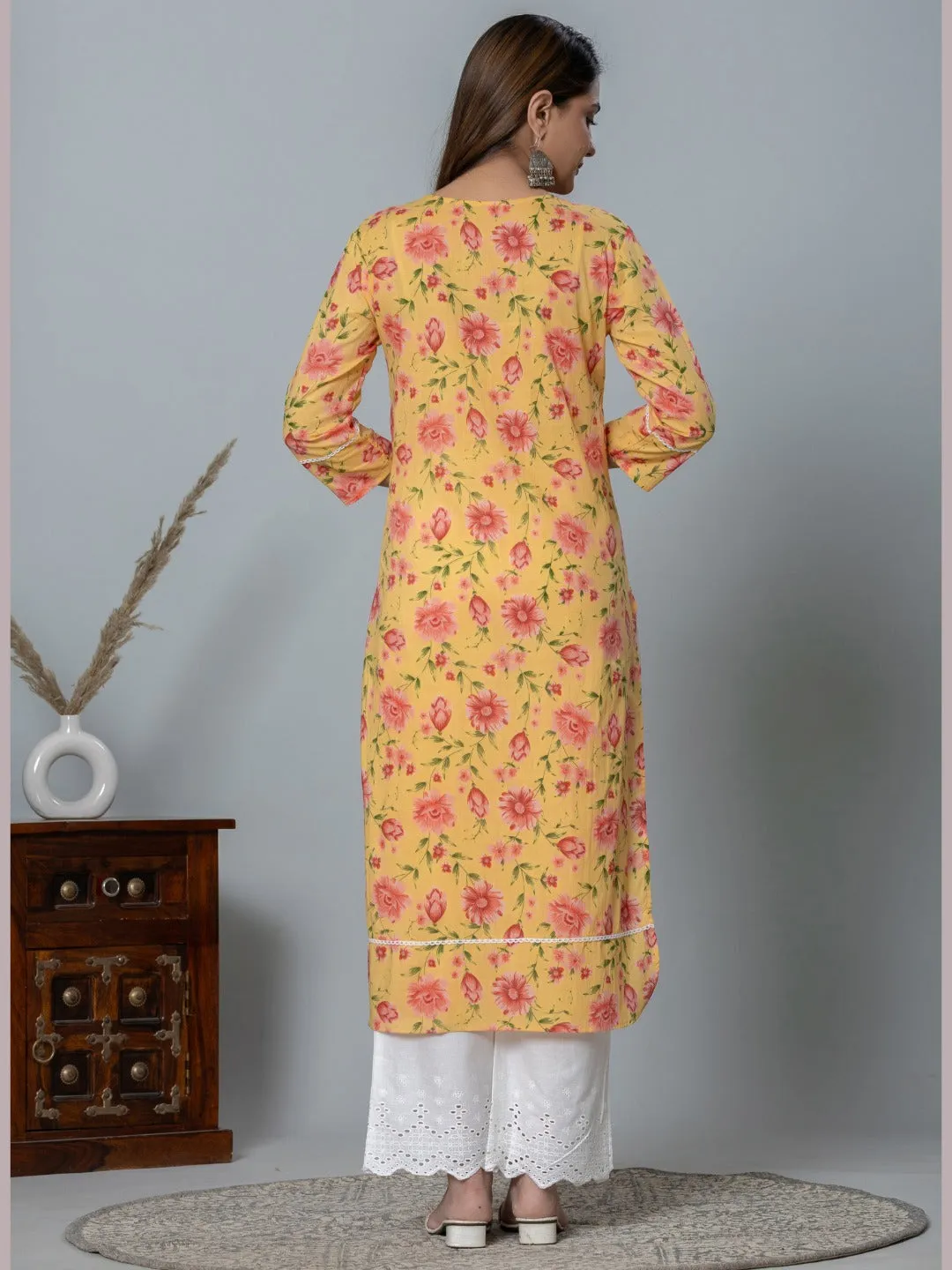 Pure Cotton Floral Print Keyhole Neck Kurta - Yellow
