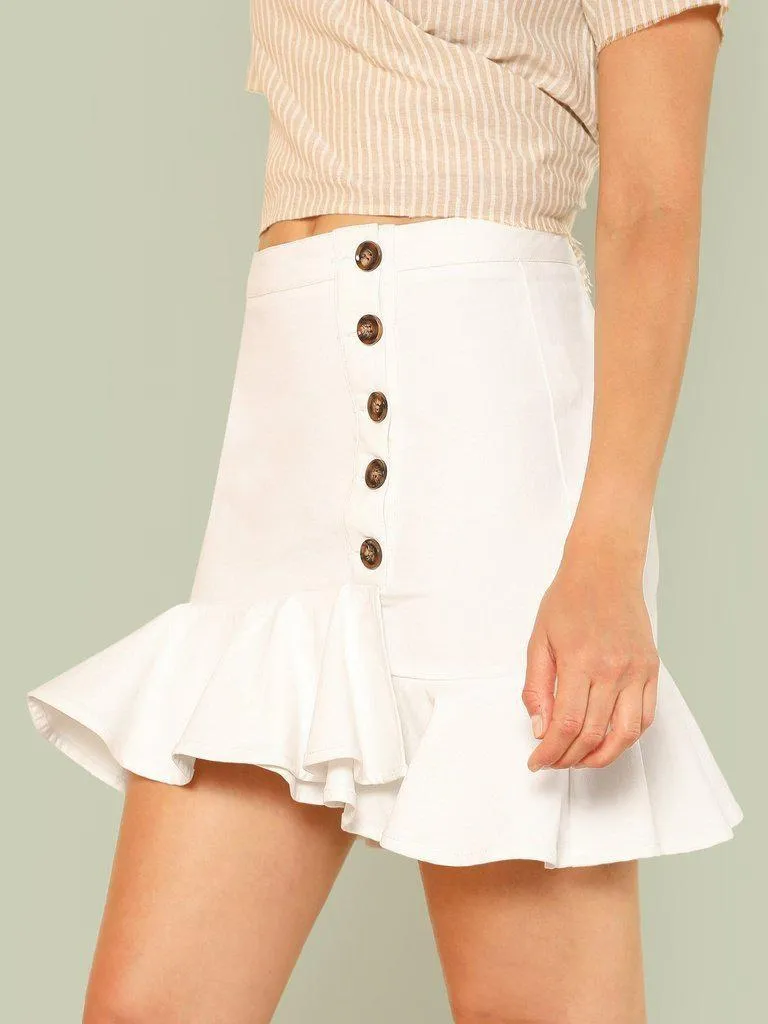 Ruffle Hem Buttoned Up Skirt