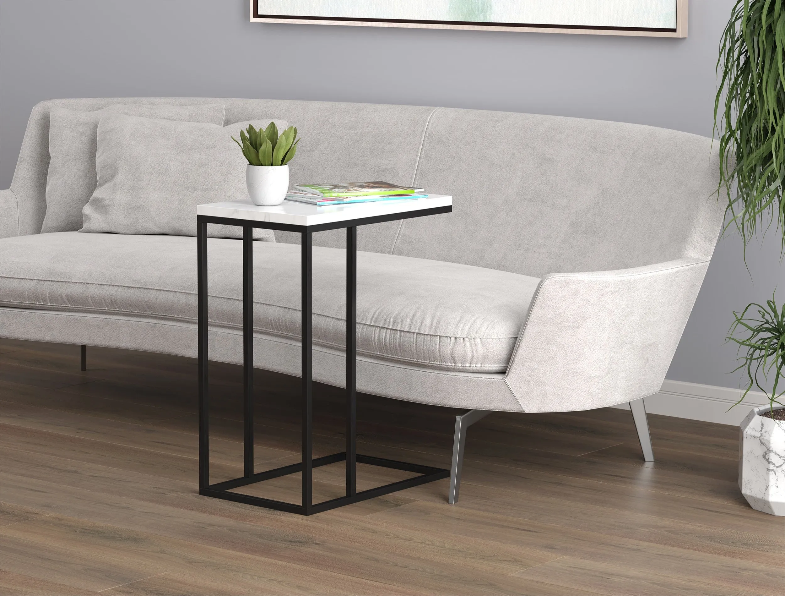 Safdie & Co. Accent Table 19L C-Shaped Marble Black Metal