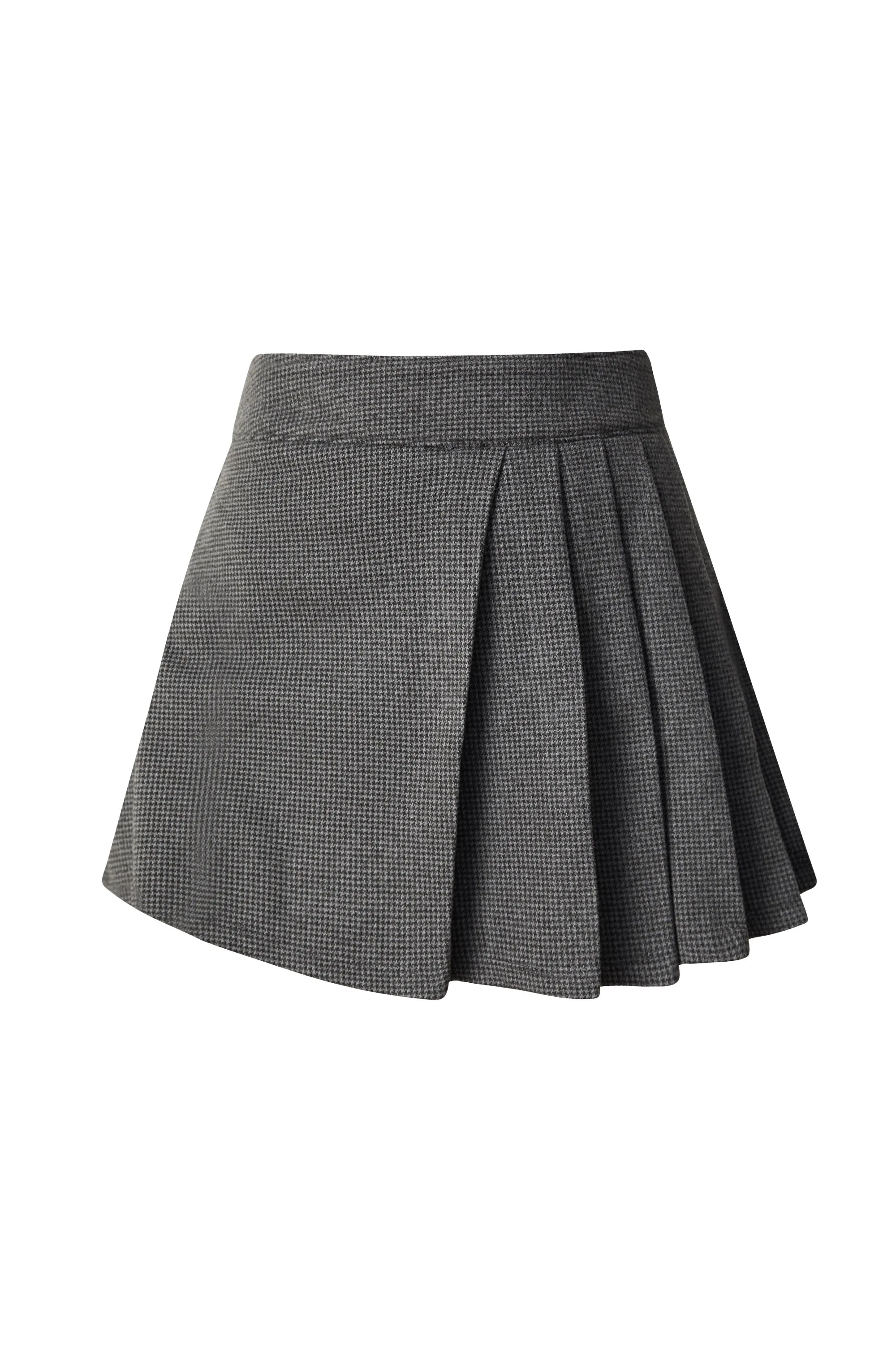 Selena Charcoal Pleated Houndstooth Woolly Skort