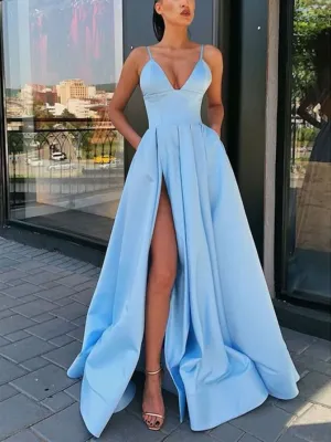 Simple A Line V Neck Satin Long Prom Dress Satin Evening Dress