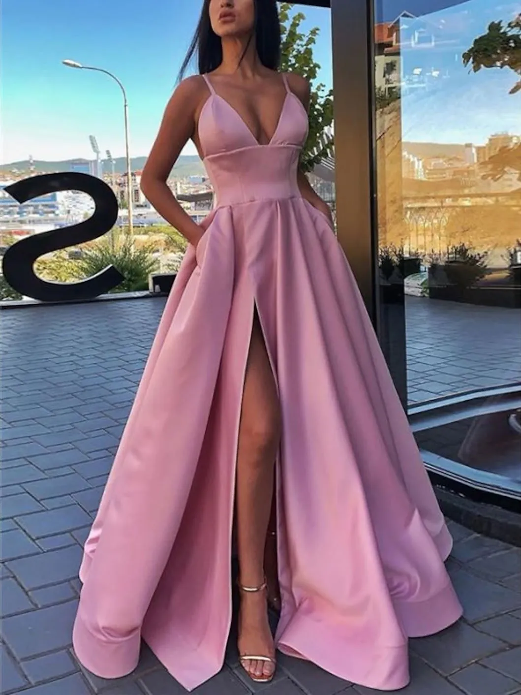 Simple A Line V Neck Satin Long Prom Dress Satin Evening Dress