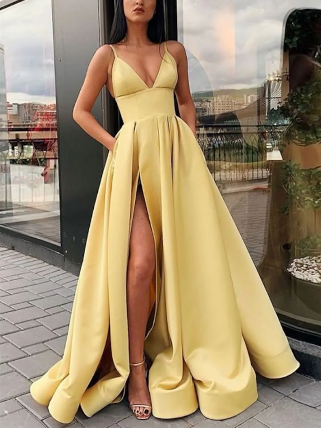 Simple A Line V Neck Satin Long Prom Dress Satin Evening Dress