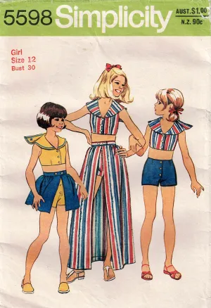 Simplicity 5598 Teen Girls Sailor Midriff Top Skirts & Shorts 1970s Vintage Sewing Pattern Size 12