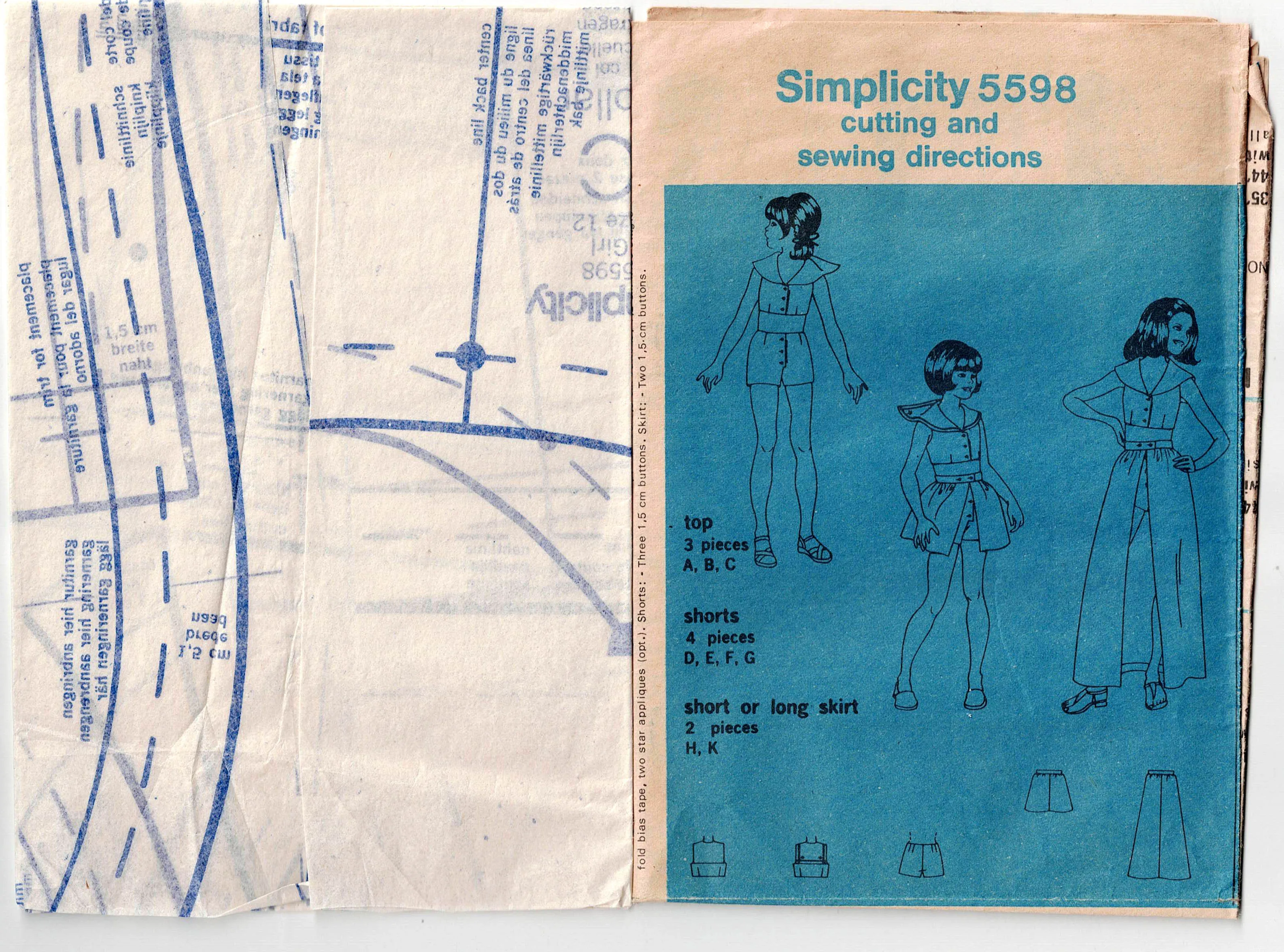 Simplicity 5598 Teen Girls Sailor Midriff Top Skirts & Shorts 1970s Vintage Sewing Pattern Size 12