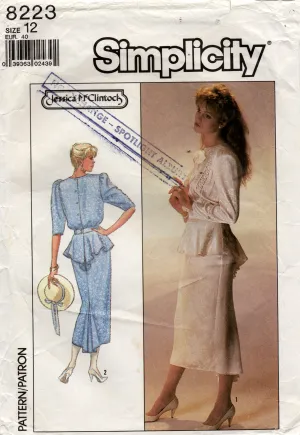 Simplicity 8223 Jessica McClintock Womens Peplum Top & Fishtail Skirt 1980s Vintage Sewing Pattern Size 12