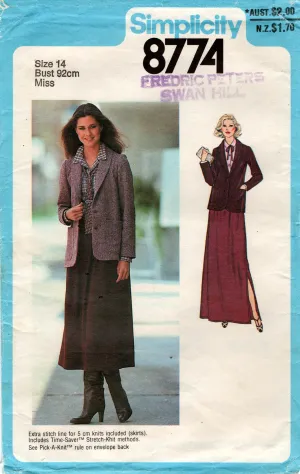 Simplicity 8774 Womens Jacket Blouse & Skirts 1970s Vintage Sewing Pattern Size 14 Bust 36 inches