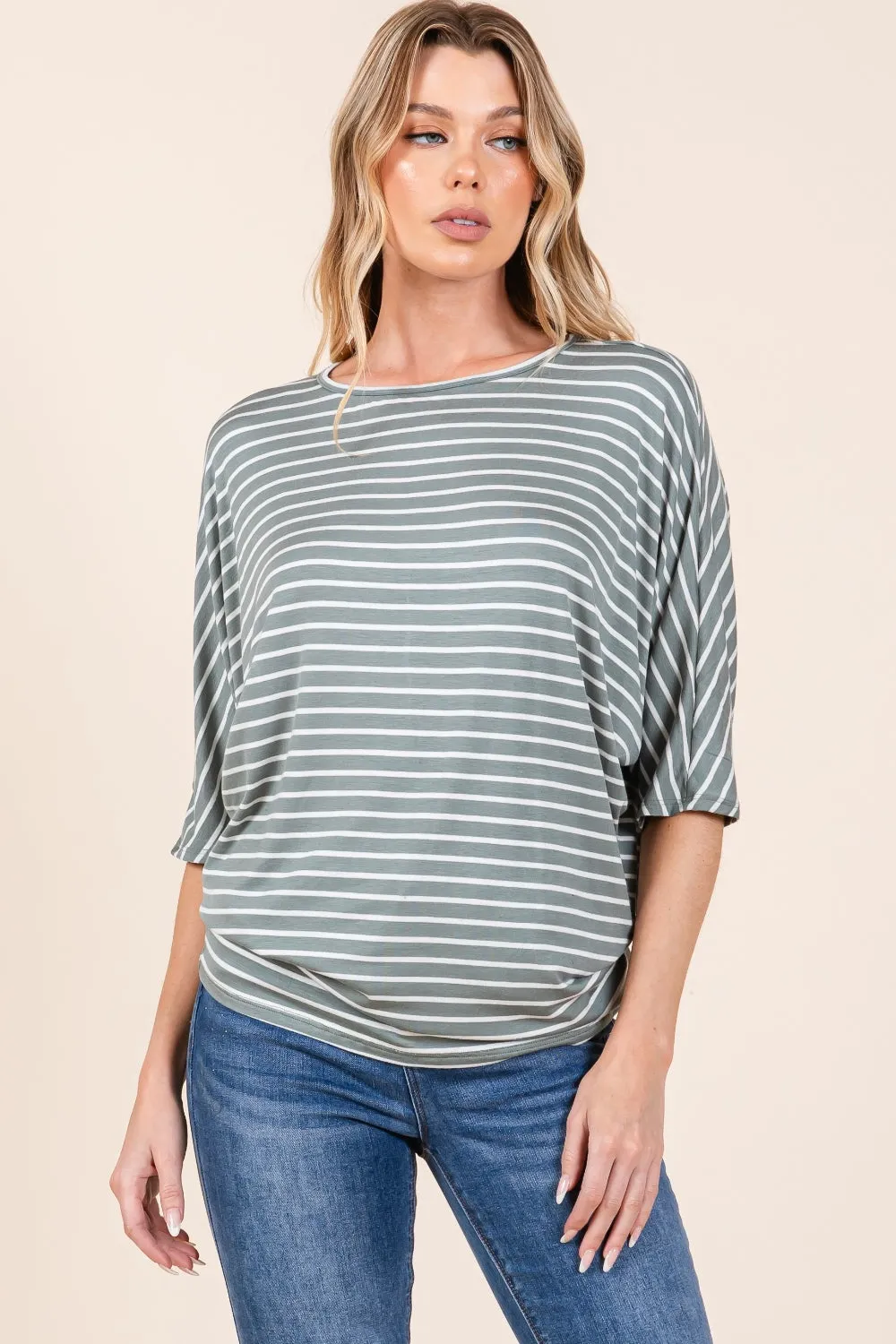 Striped Boat Neck Dolman Sleeve Top - Olive