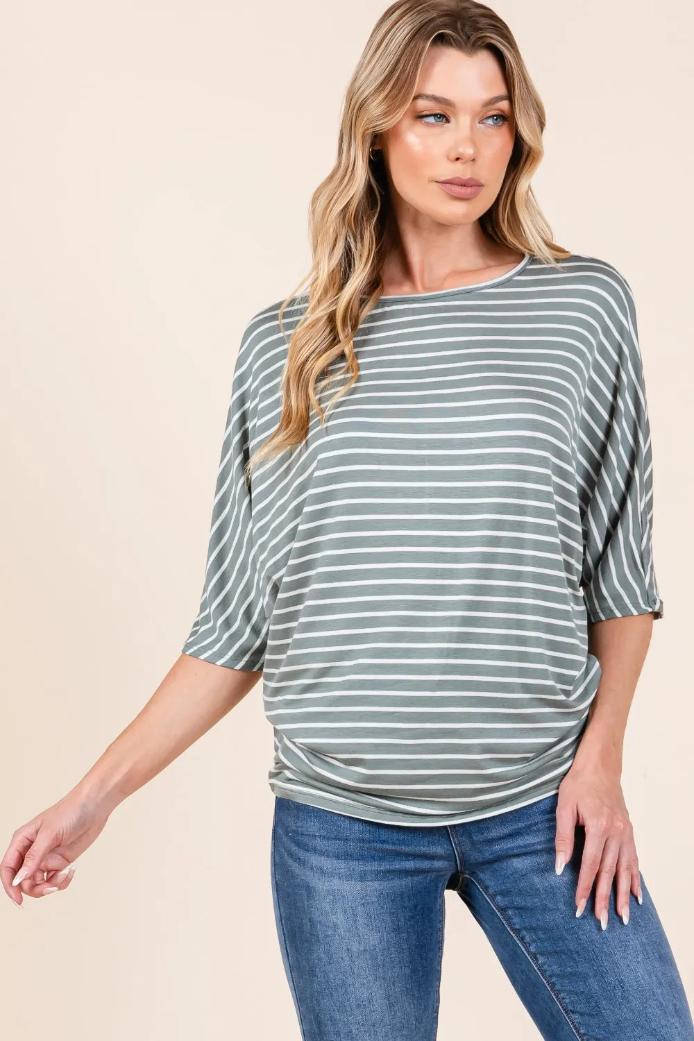 Striped Boat Neck Dolman Sleeve Top - Olive