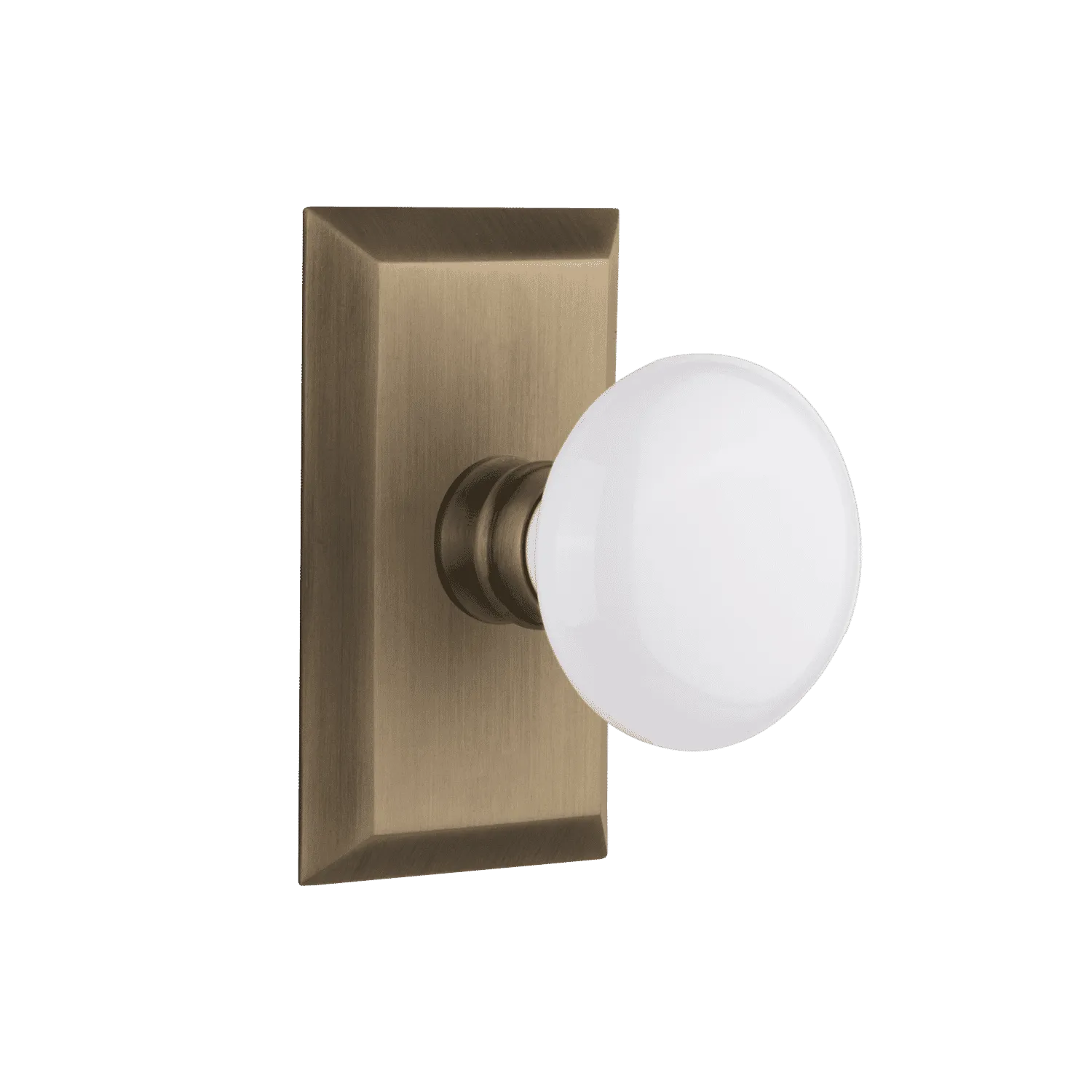 Studio Short Plate with White Porcelain Knob in Antique Brass