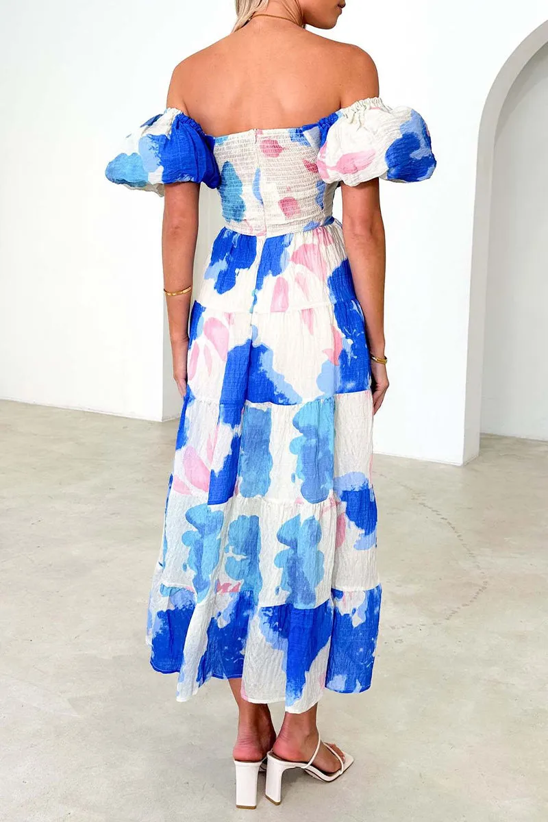 Sweet Elegant Floral Hollowed Out Off the Shoulder Printed Dress Dresses