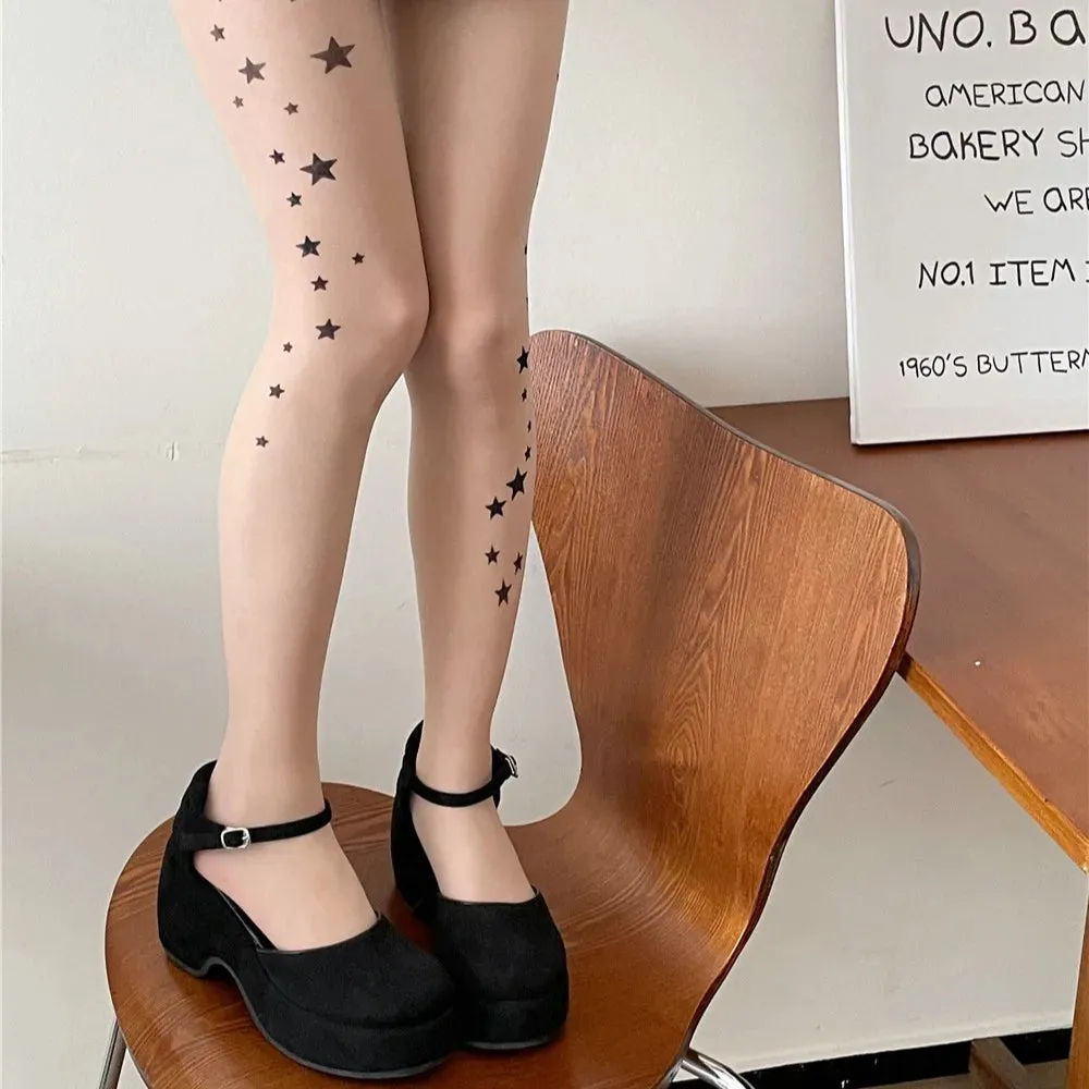 Tatted- the Kitty or Star Tattoo Look Tights 3 Styles