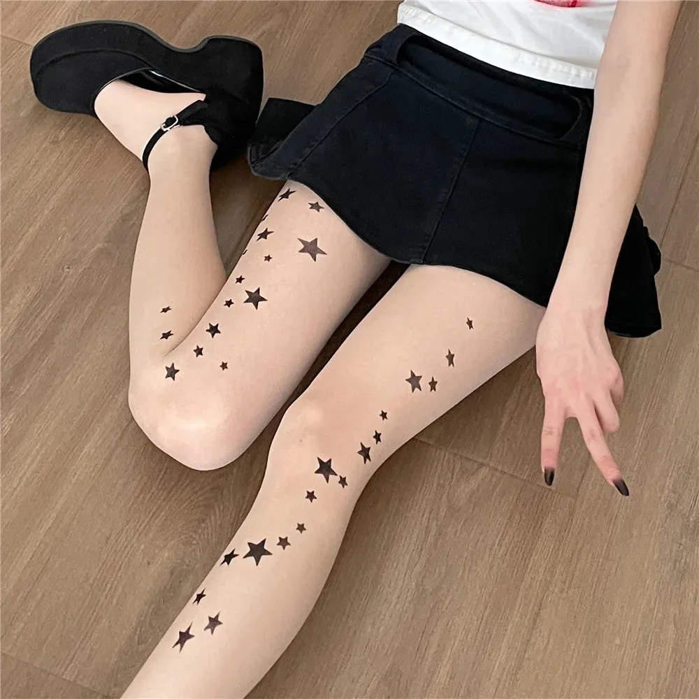 Tatted- the Kitty or Star Tattoo Look Tights 3 Styles