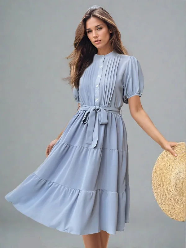 TEEK - Blue Pleated Short Sleeve Commuting Belted Dress