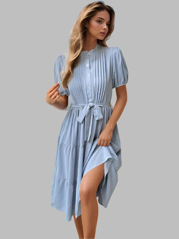 TEEK - Blue Pleated Short Sleeve Commuting Belted Dress