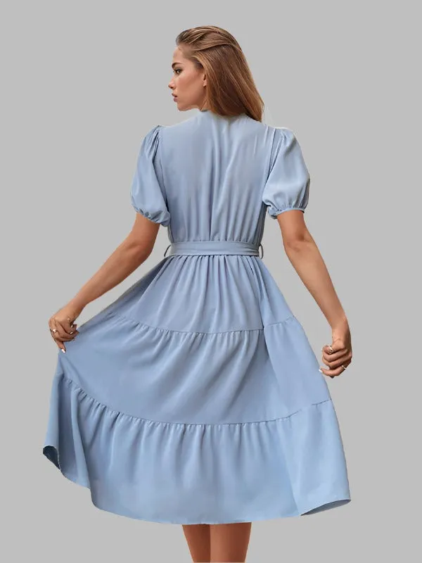 TEEK - Blue Pleated Short Sleeve Commuting Belted Dress