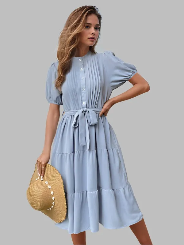 TEEK - Blue Pleated Short Sleeve Commuting Belted Dress