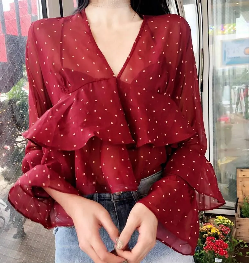 Thin Summer Elegant Short Red White Black Blouse