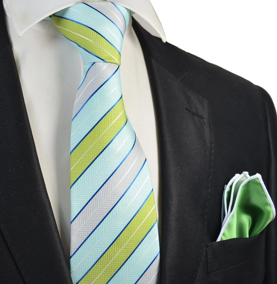 Turquoise, Green and Silver Men's Tie and Pocket Square