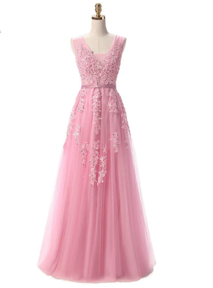 V Neck Tulle A Line Pink Evening Dress Prom Gown