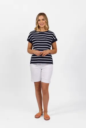 Vassalli - Drop Sleeve Crew Neck Top-Ink/White Stripe