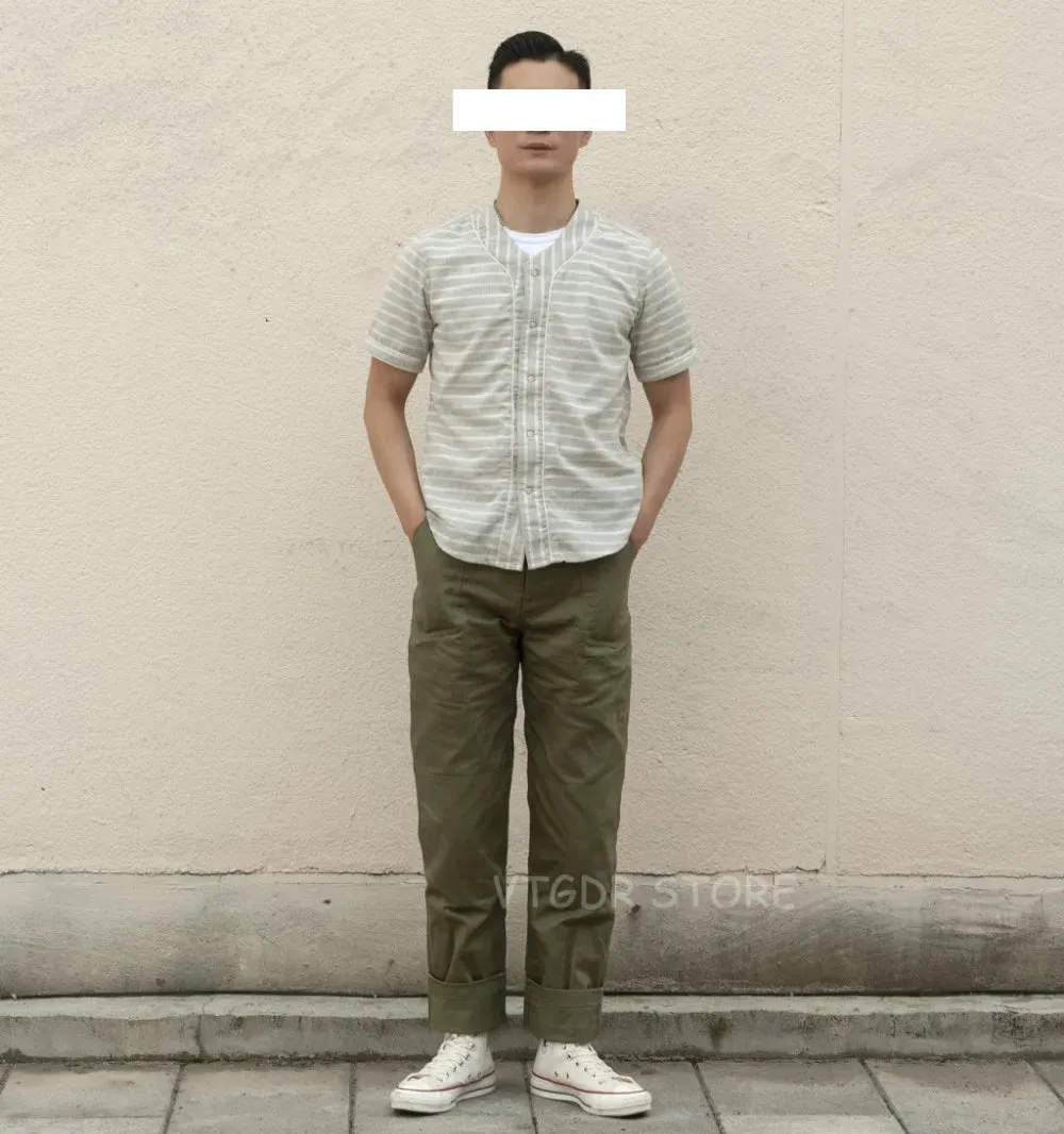 Vintage Cotton & Linen Stripes Short Sleeve Baseball Men's Tee Shirts
