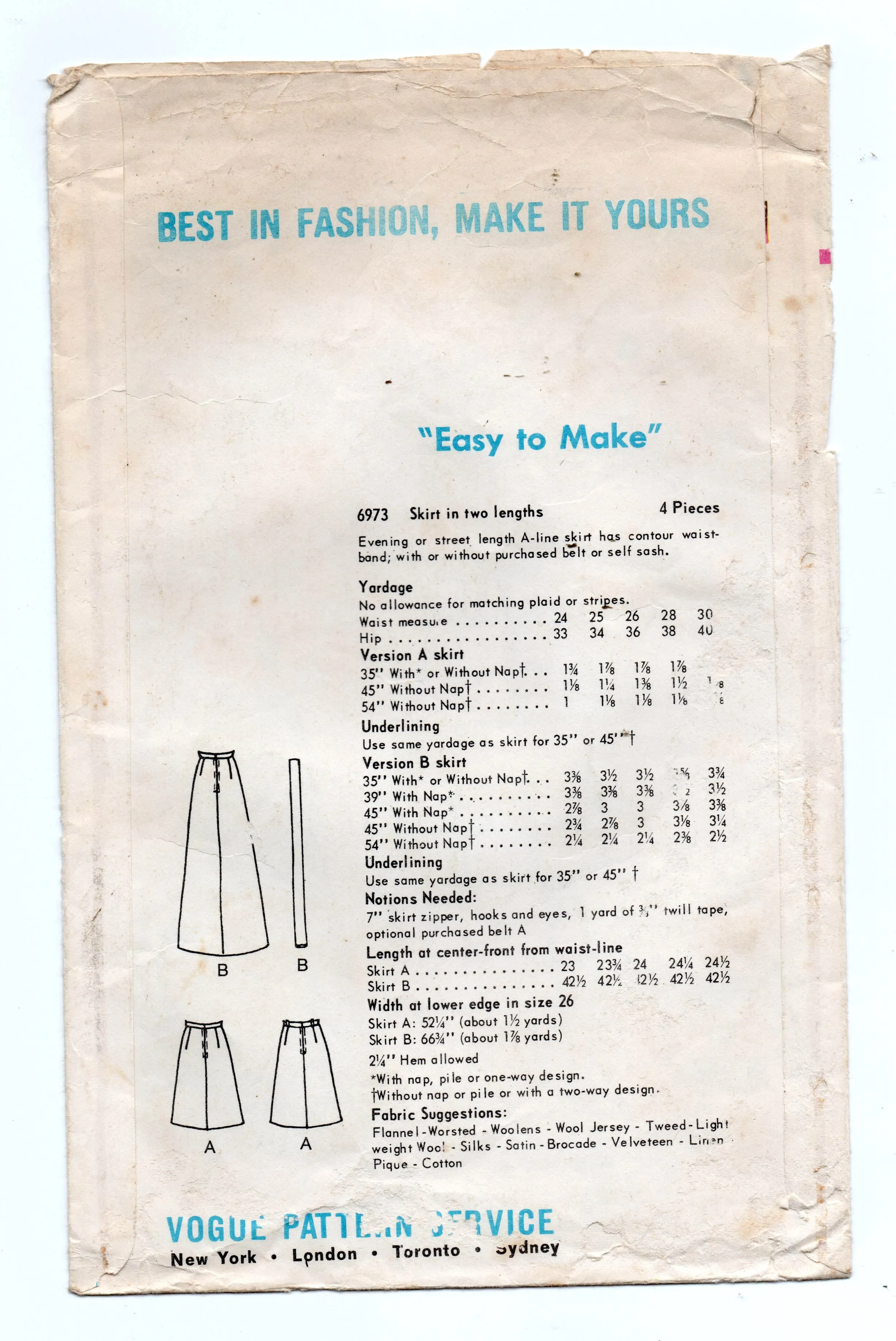 Vogue 6973 Womens EASY A Line Skirts 1960s Vintage Sewing Pattern Waist 28 inches