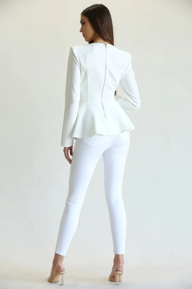White Champagne Long Sleeve Pleated Satin Front Overley Top