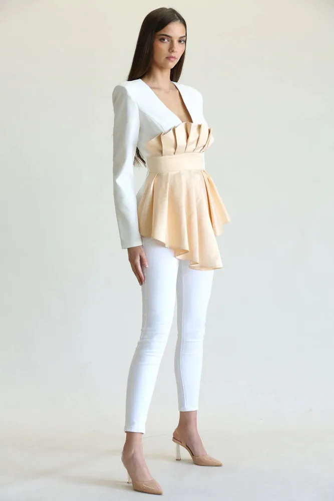 White Champagne Long Sleeve Pleated Satin Front Overley Top
