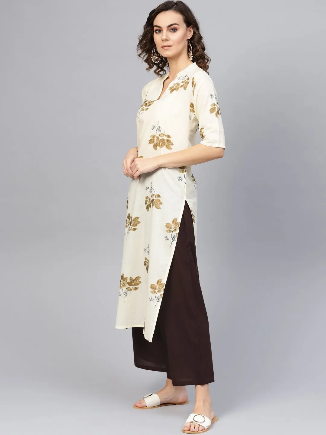 Women Cream-Coloured & Coffee Brown Printed Kurta With Palazzos & Dupatta