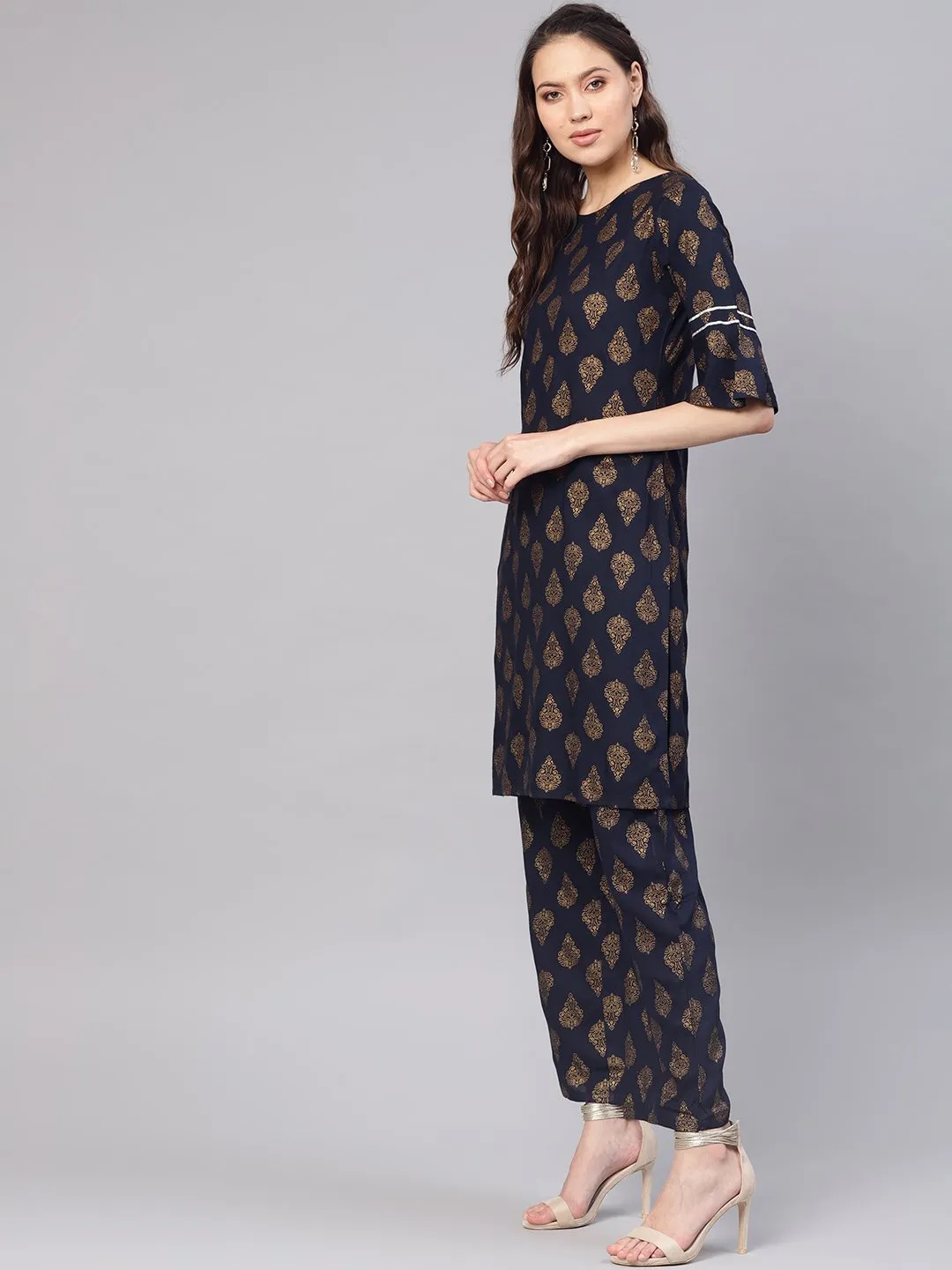 Women Navy Blue & Golden Printed Kurta With Palazzos & Dupatta