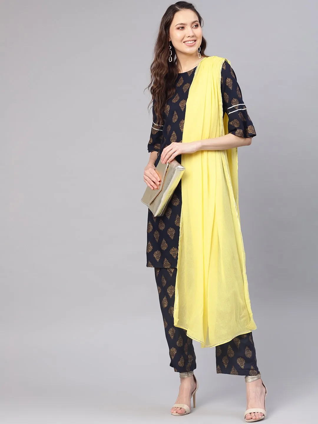 Women Navy Blue & Golden Printed Kurta With Palazzos & Dupatta