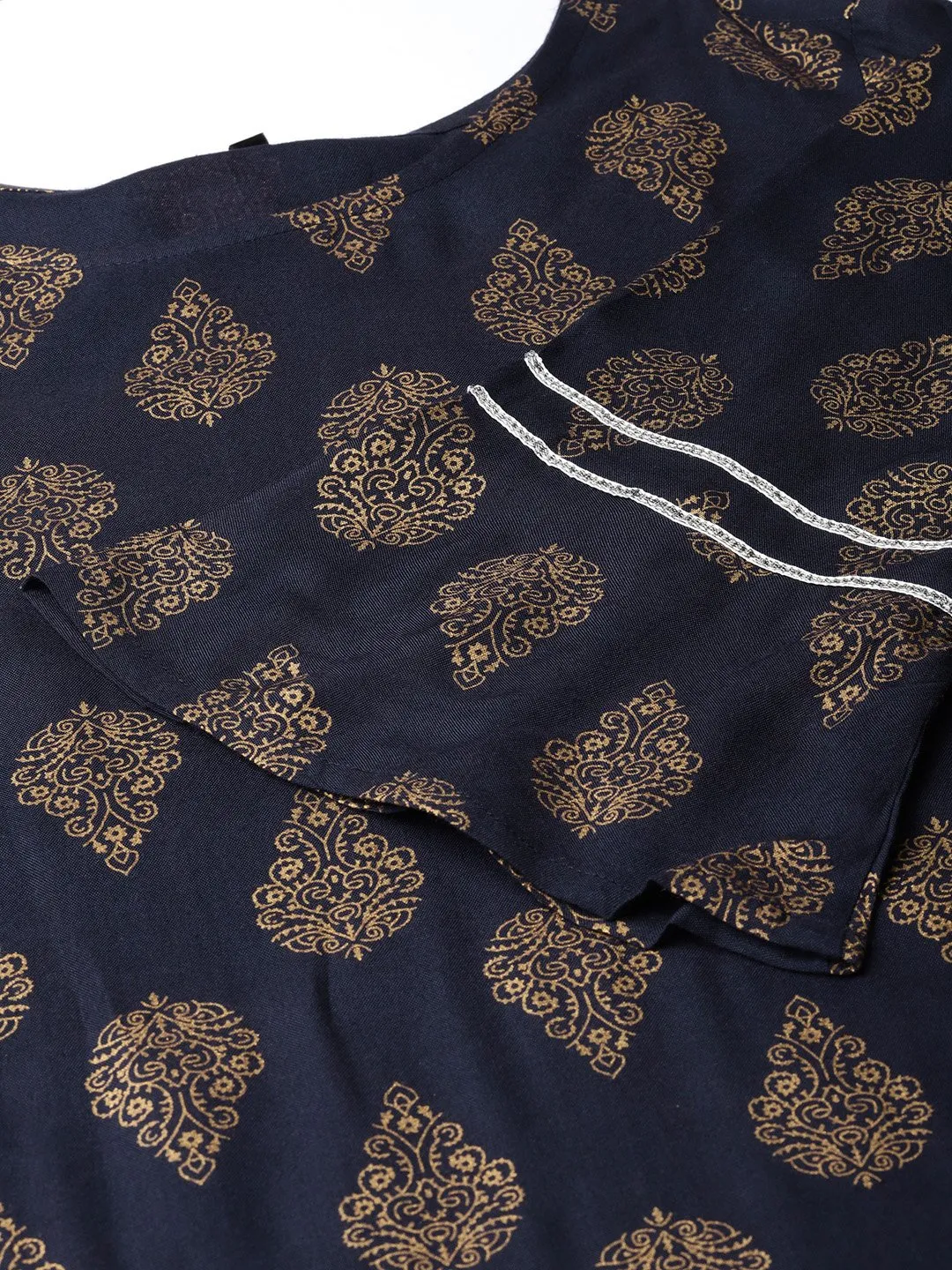 Women Navy Blue & Golden Printed Kurta With Palazzos & Dupatta