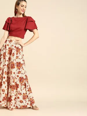 Women Off-White Pure Cotton Boat Neck Top With Skirt Clothing Set