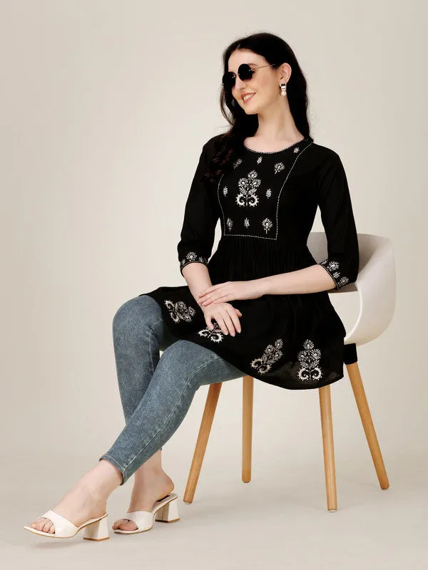 Womens Embroidered A-Line Black Tunic